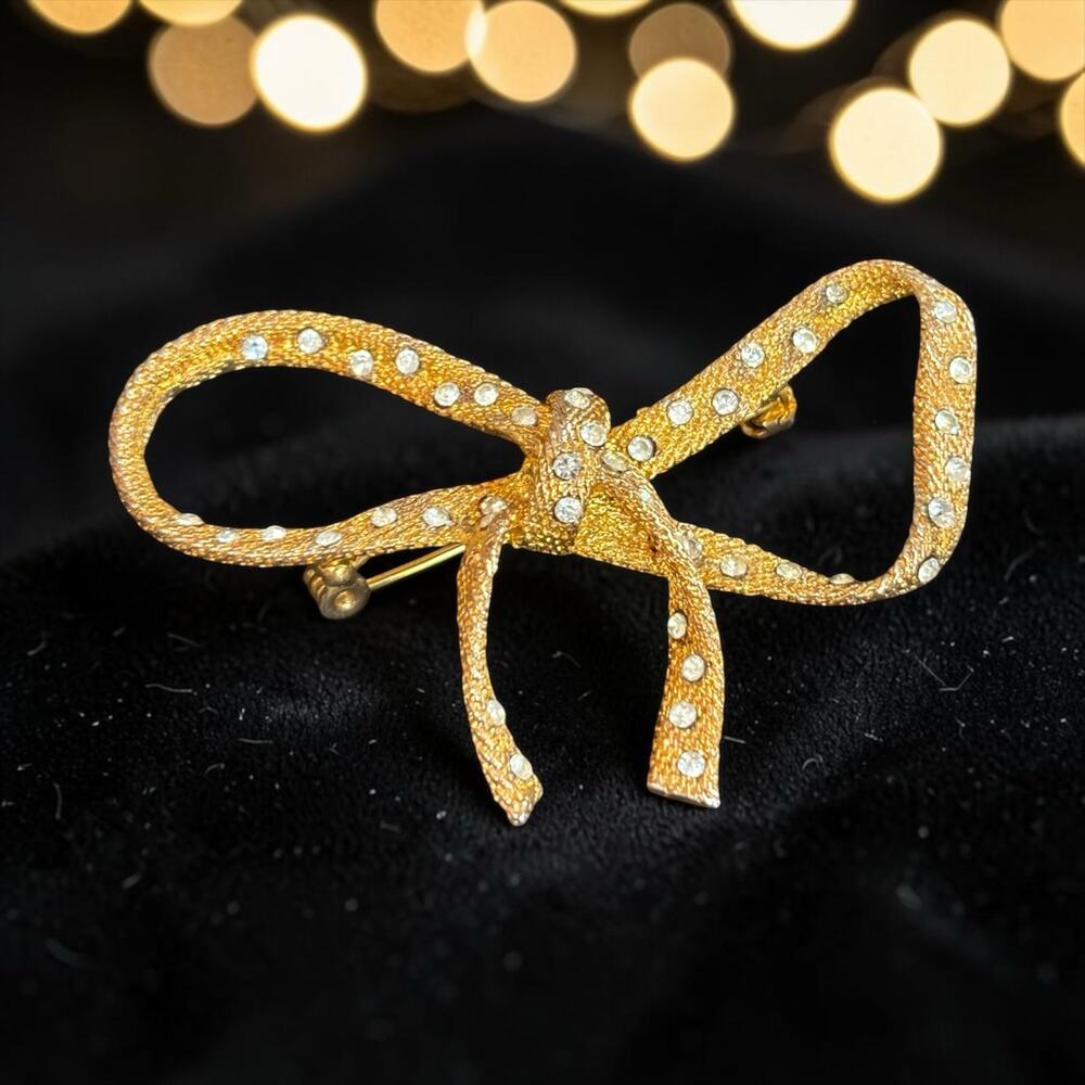 70s Rhinestone Bow Brooch Gold Sparkle Coquette Disco Ribbon Pin